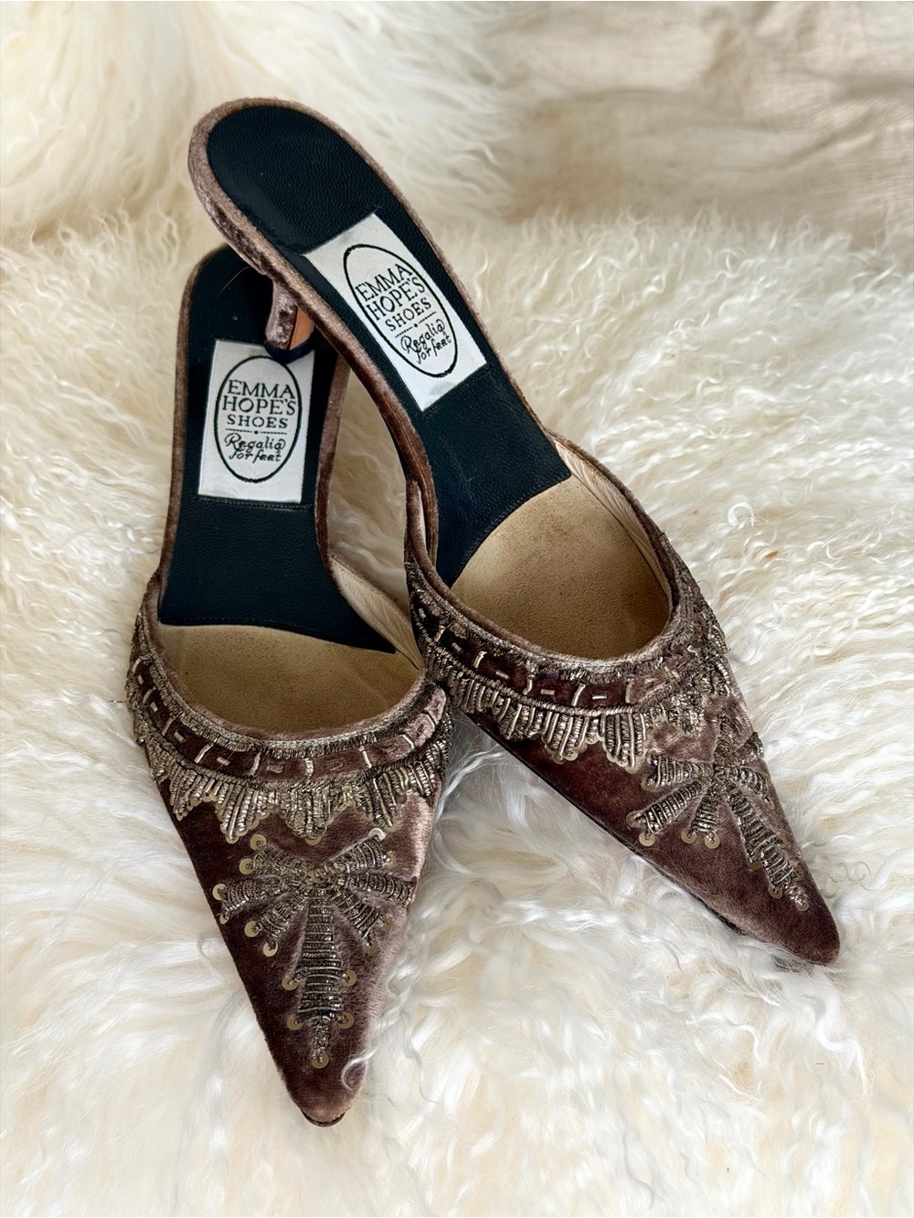 Emma Hope's Shoes Velvet Beaded Mules Size 36.5 Made in Italy